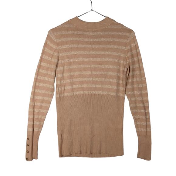 Guess Blouse Size Large Long Sleeve Fine Knit Gold and Light Brown Stripes - Picture 2 of 6